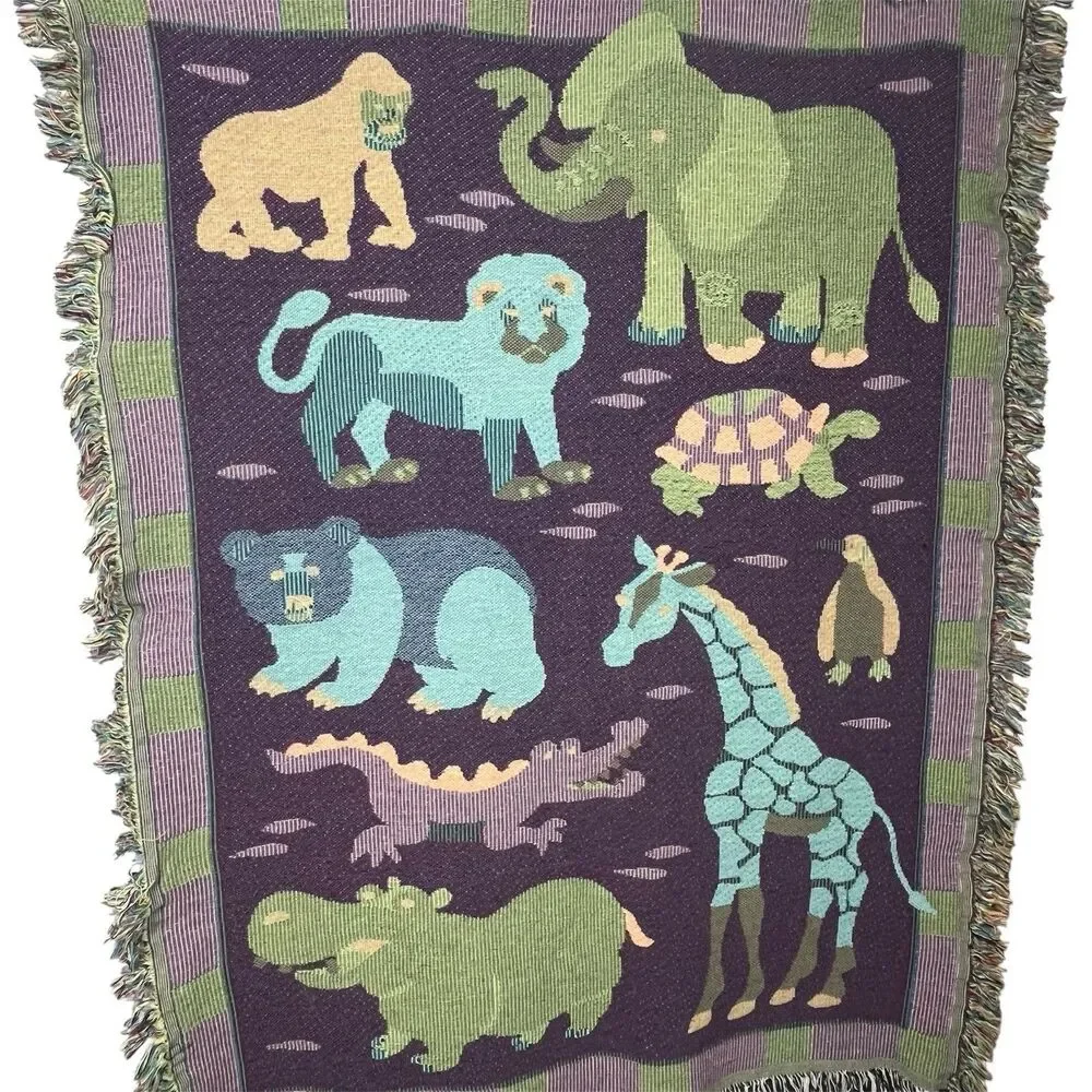 Woven Nursery Baby Blanket Throw Wall Tapestry Zoo Jungle Animals Safari Green